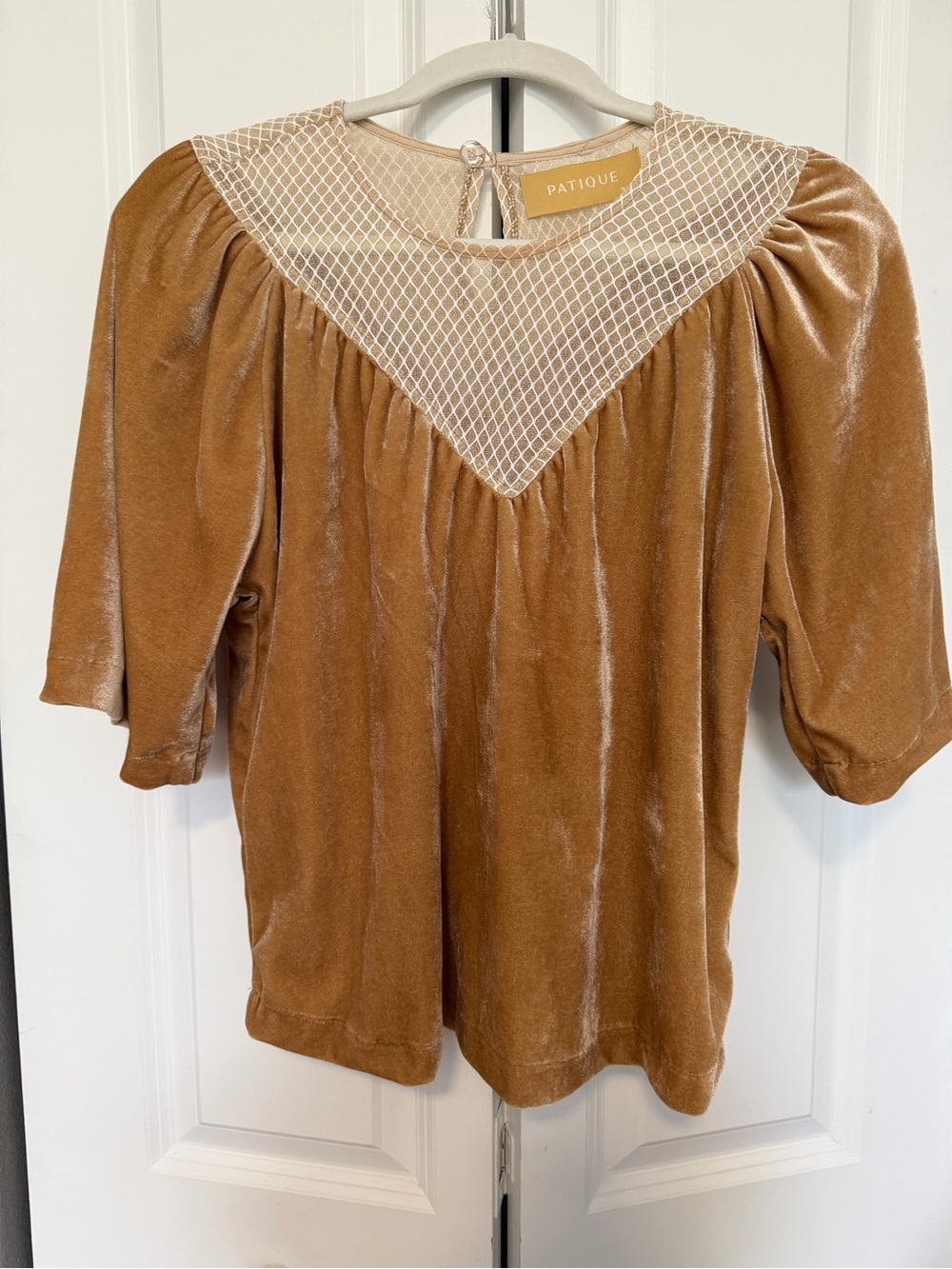Velvet Puff-Sleeve Top in Camel with Contrast Yoke